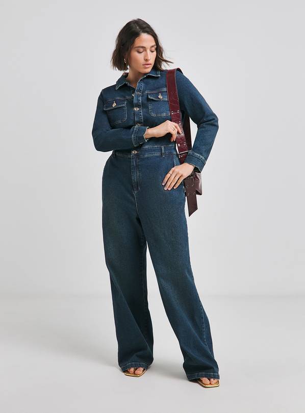 SIMPLY BE Dark Wash Wide Leg Denim Boiler 30
